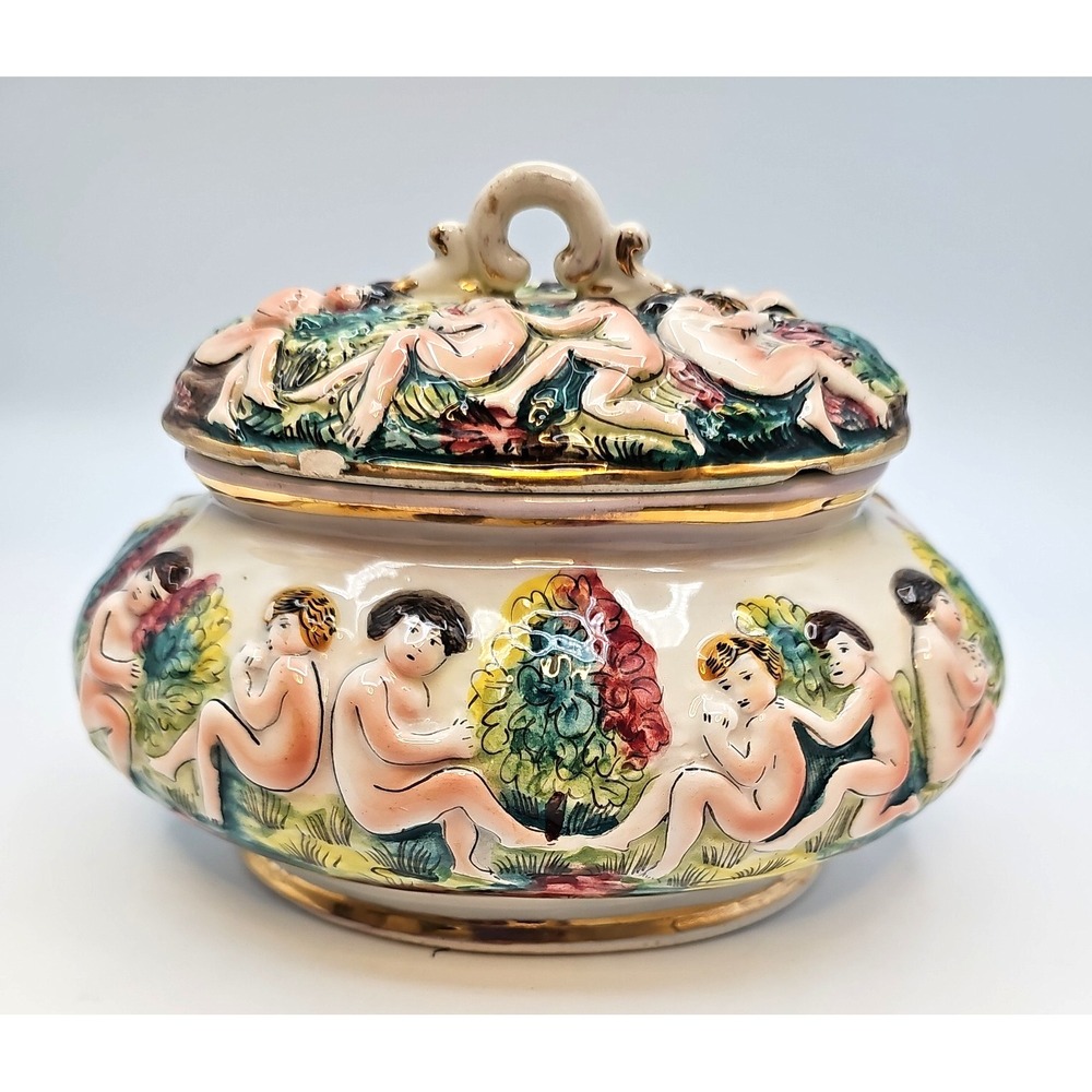 Vintage Italian Capodimonte Cherub Porcelain Lidded Dish Tureen Relief CHIPPED